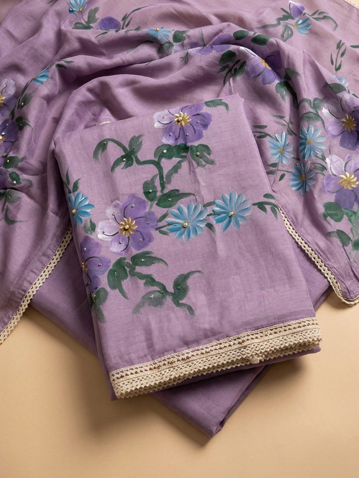Purple Printed Linen Blend Unstitched Dress Material