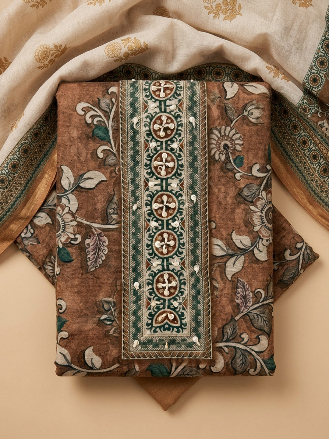 Beige Printed Chanderi Unstitched Dress Material