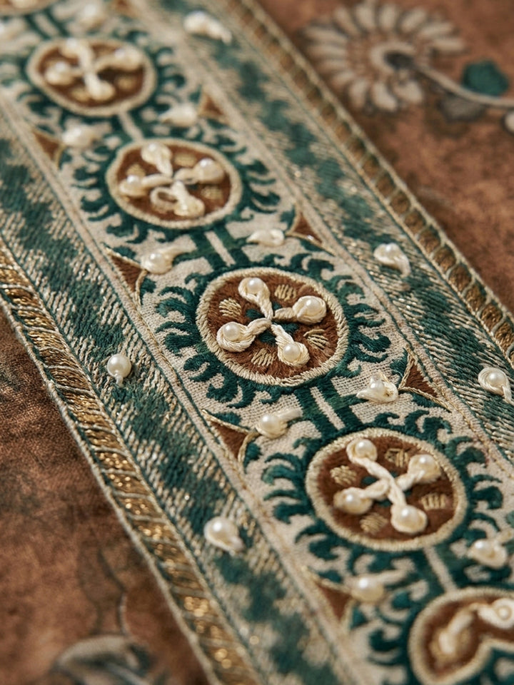 Beige Printed Chanderi Unstitched Dress Material