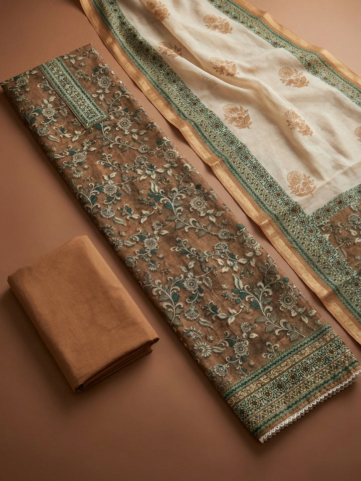 Beige Printed Chanderi Unstitched Dress Material