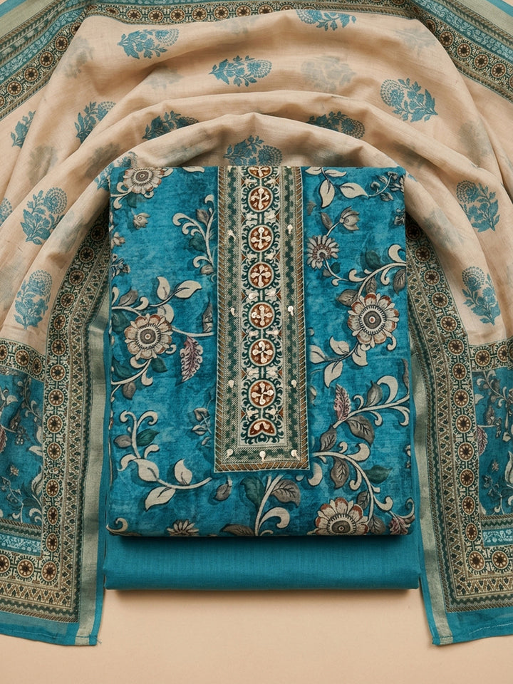 Blue Printed Chanderi Unstitched Dress Material