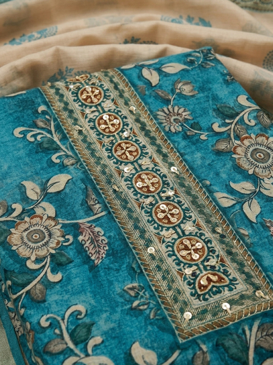 Blue Printed Chanderi Unstitched Dress Material