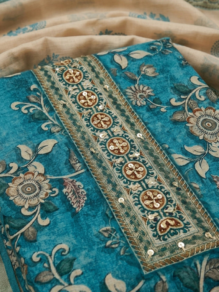 Blue Printed Chanderi Unstitched Dress Material