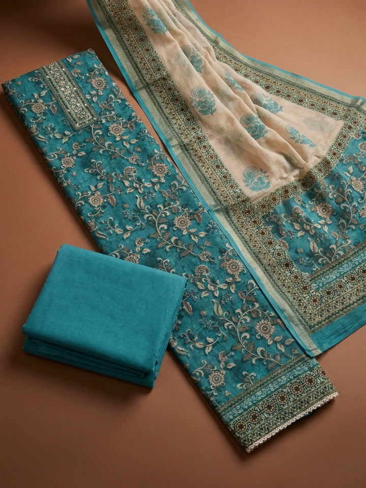 Blue Printed Chanderi Unstitched Dress Material
