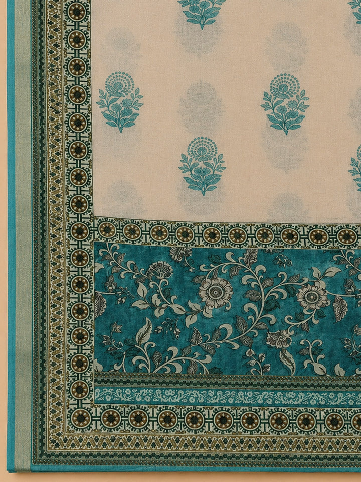 Blue Printed Chanderi Unstitched Dress Material