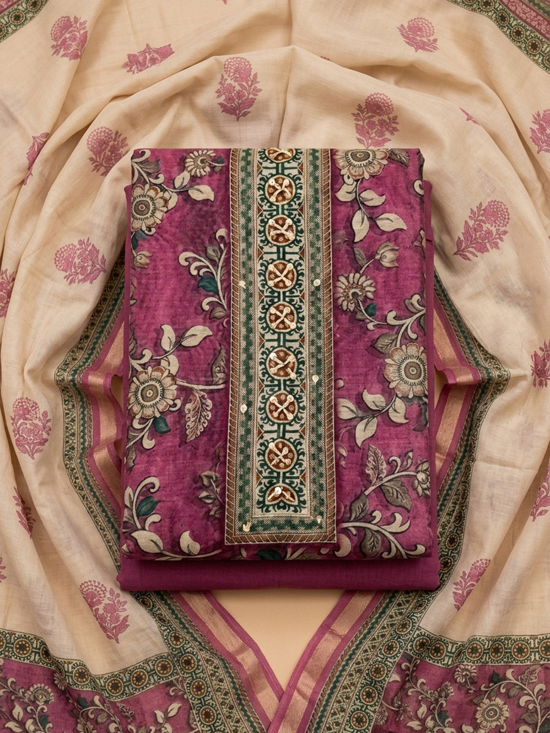 Purple Printed Chanderi Unstitched Dress Material