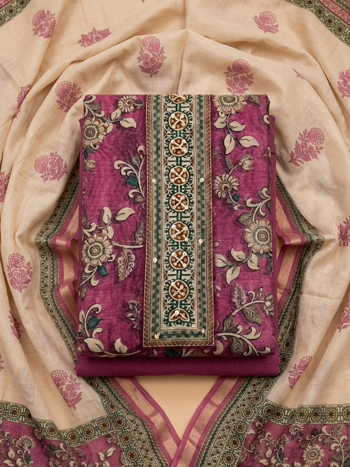 Purple Printed Chanderi Unstitched Dress Material