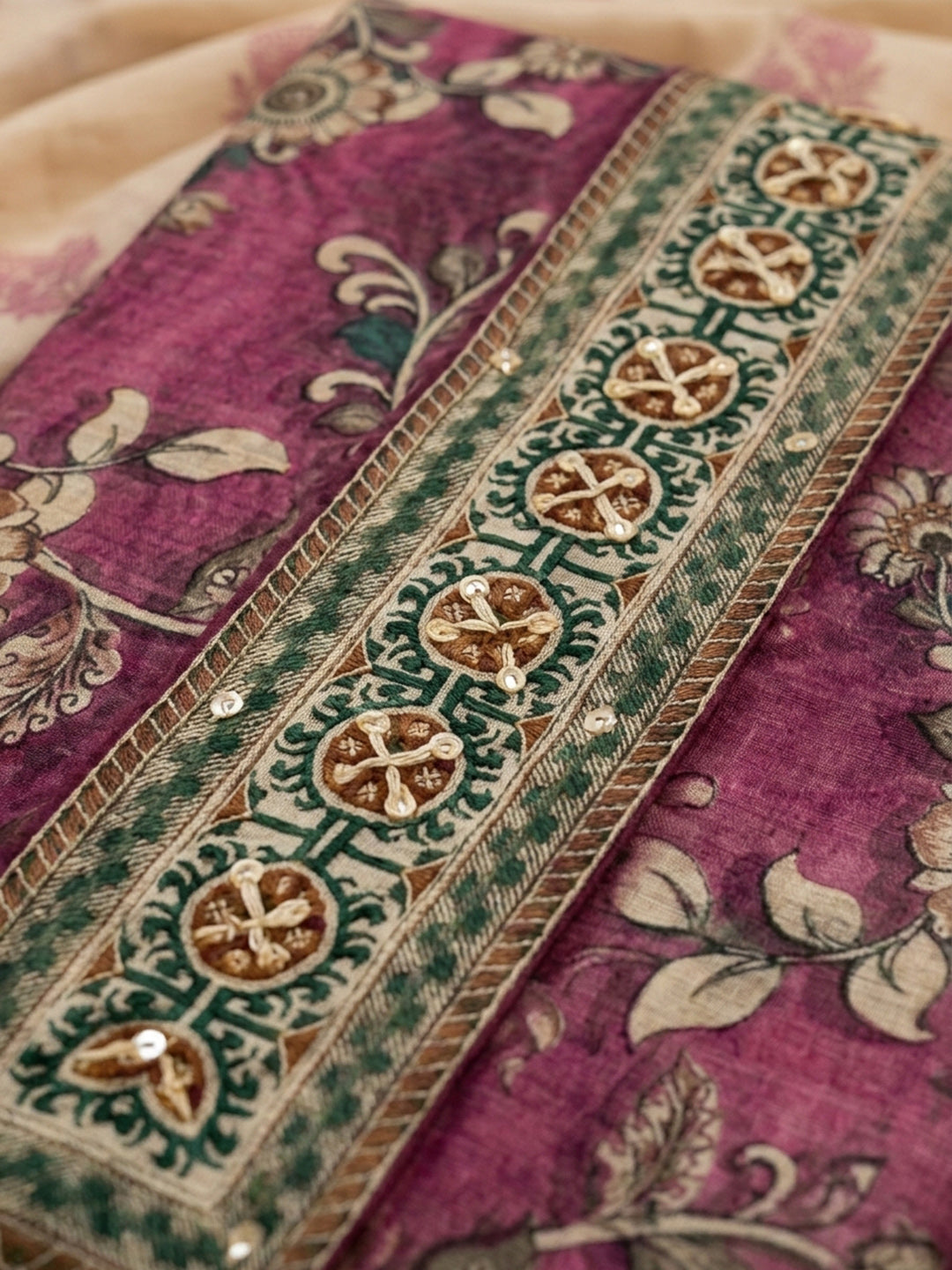 Purple Printed Chanderi Unstitched Dress Material