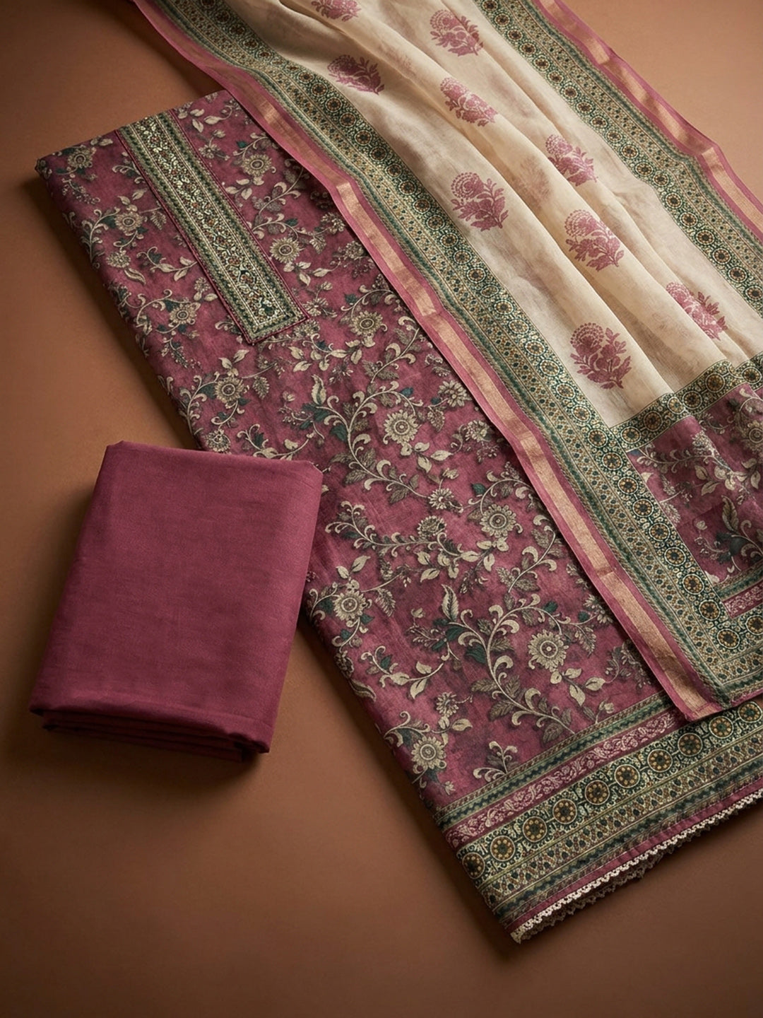 Purple Printed Chanderi Unstitched Dress Material