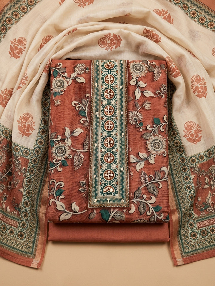 Rust Printed Chanderi Unstitched Dress Material
