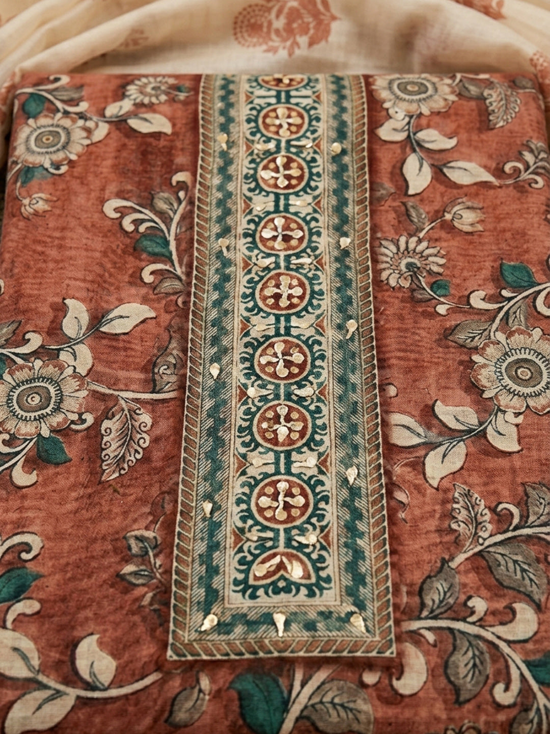 Rust Printed Chanderi Unstitched Dress Material