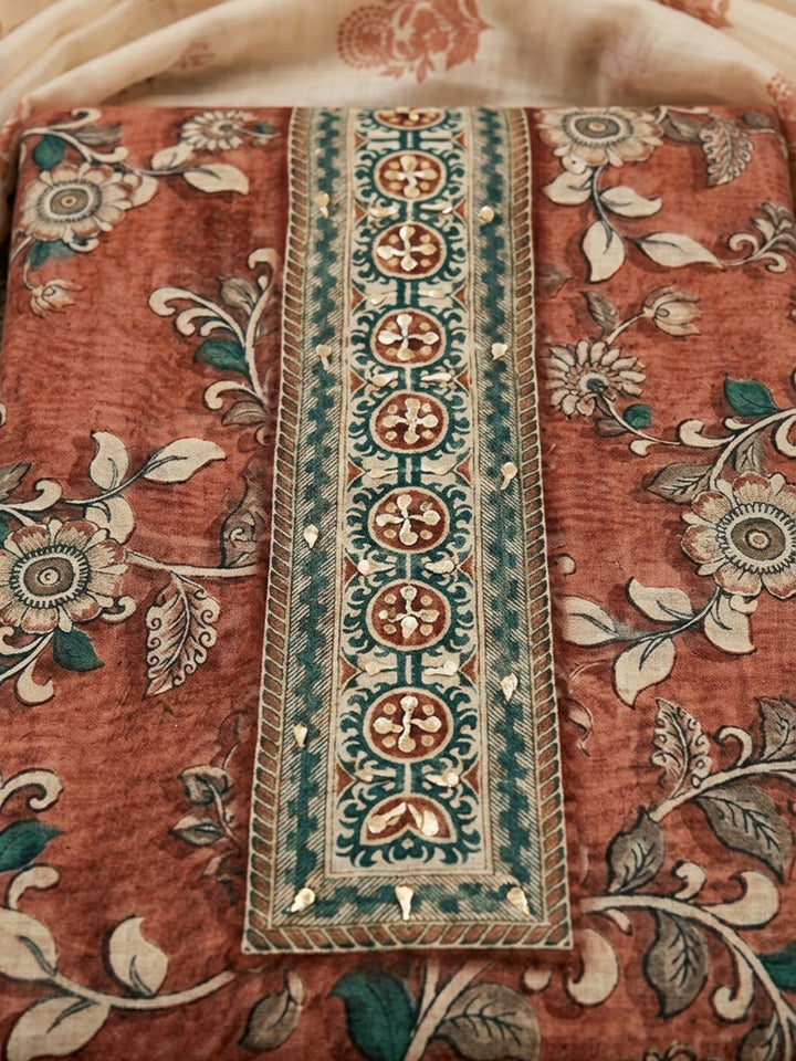 Rust Printed Chanderi Unstitched Dress Material