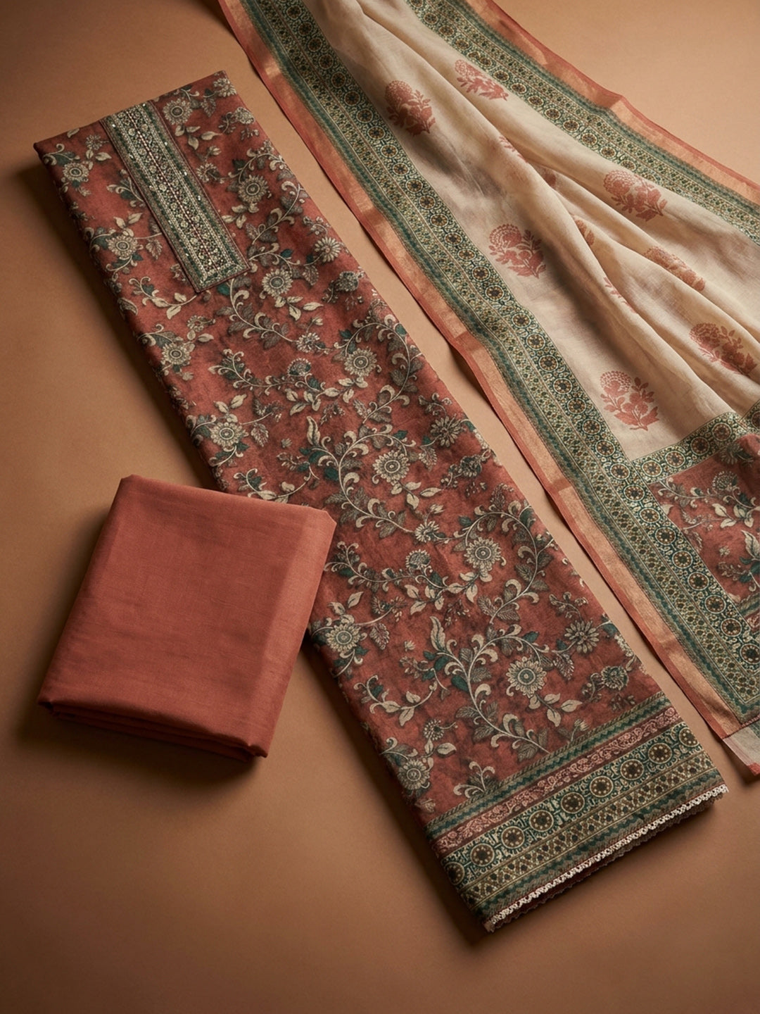 Rust Printed Chanderi Unstitched Dress Material