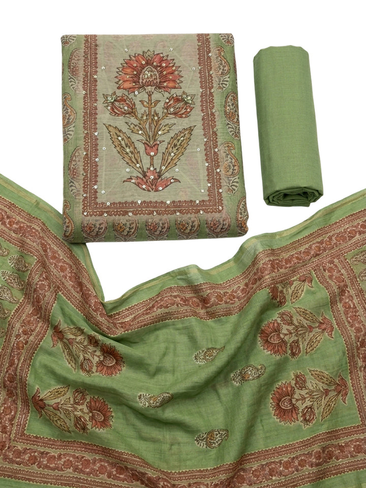 Green Printed Chanderi Unstitched Dress Material