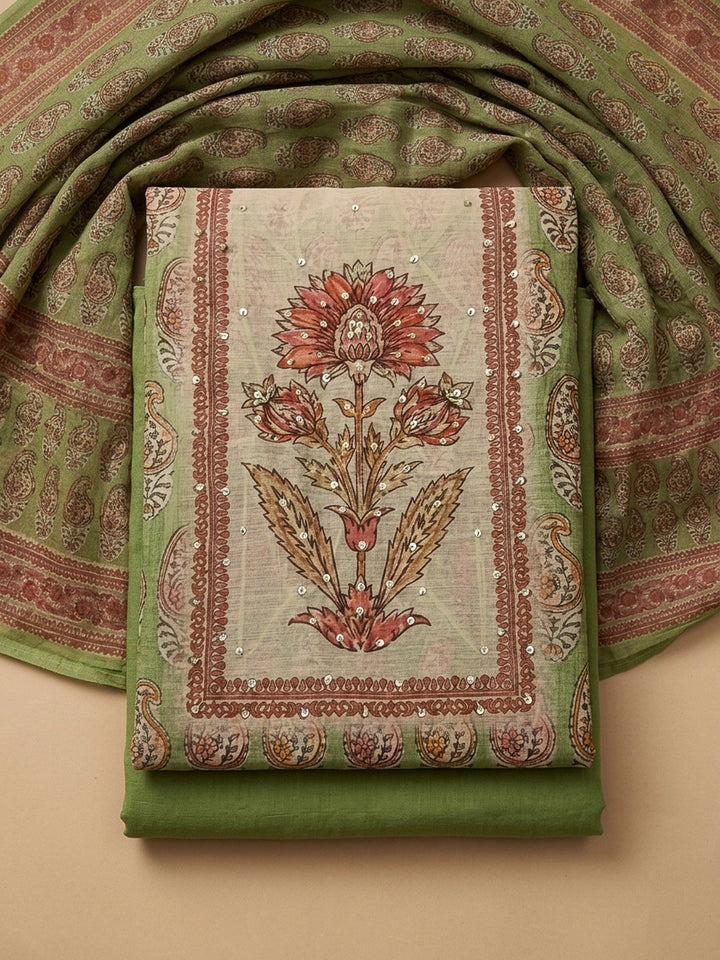 Green Printed Chanderi Unstitched Dress Material