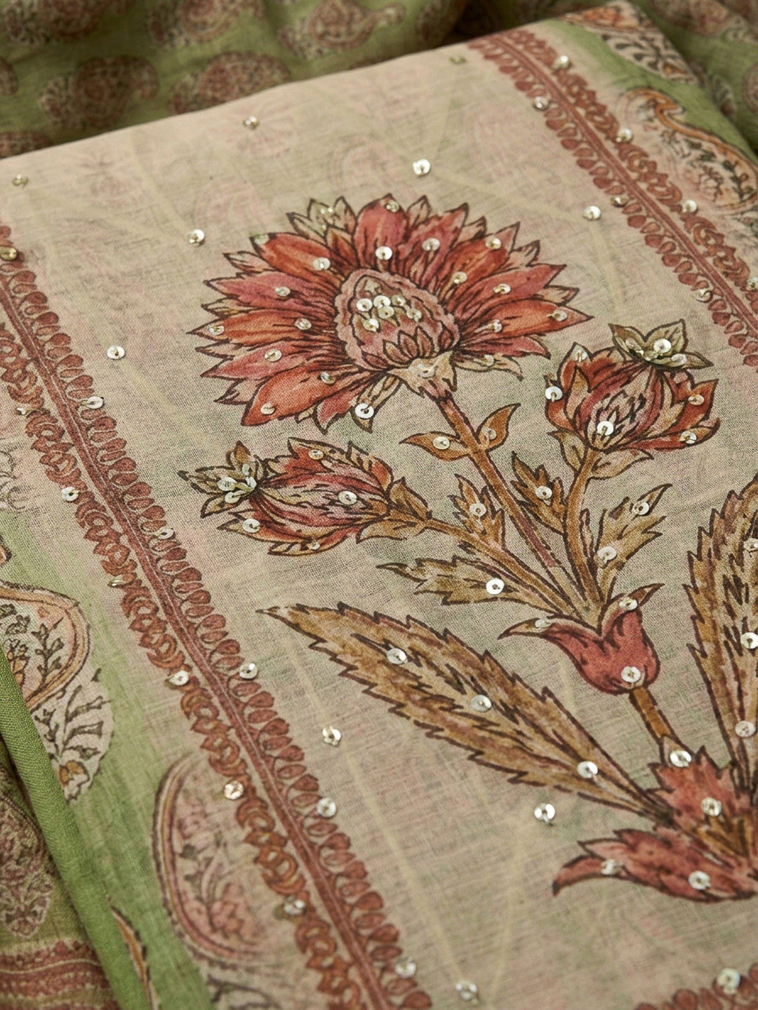 Green Printed Chanderi Unstitched Dress Material