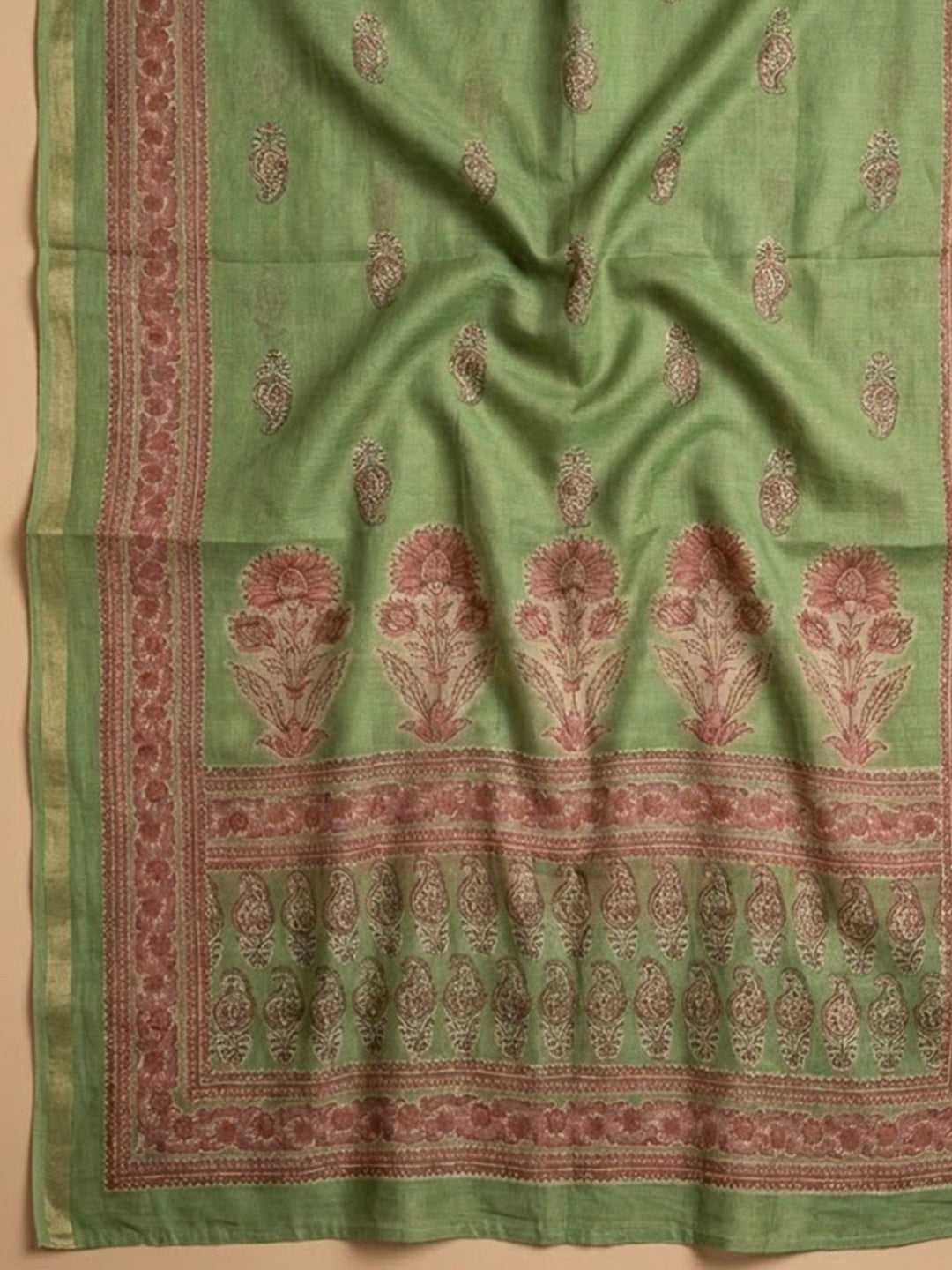 Green Printed Chanderi Unstitched Dress Material