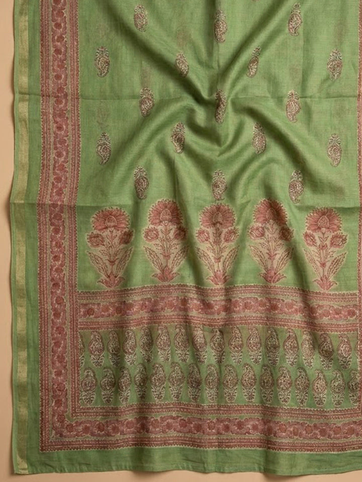 Green Printed Chanderi Unstitched Dress Material