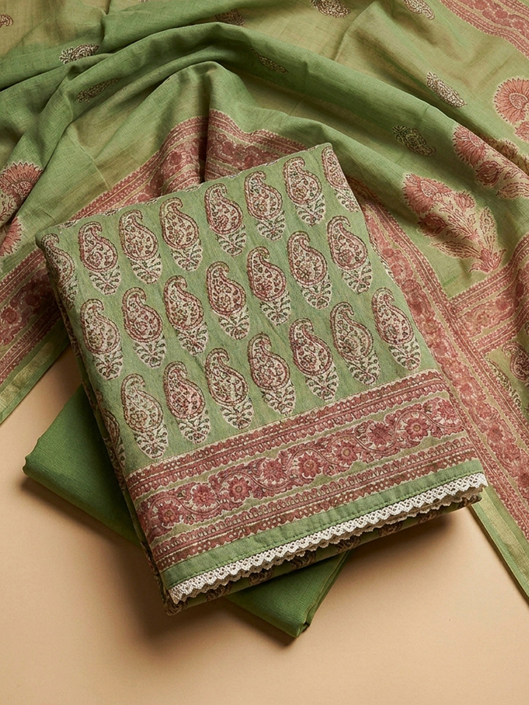 Green Printed Chanderi Unstitched Dress Material