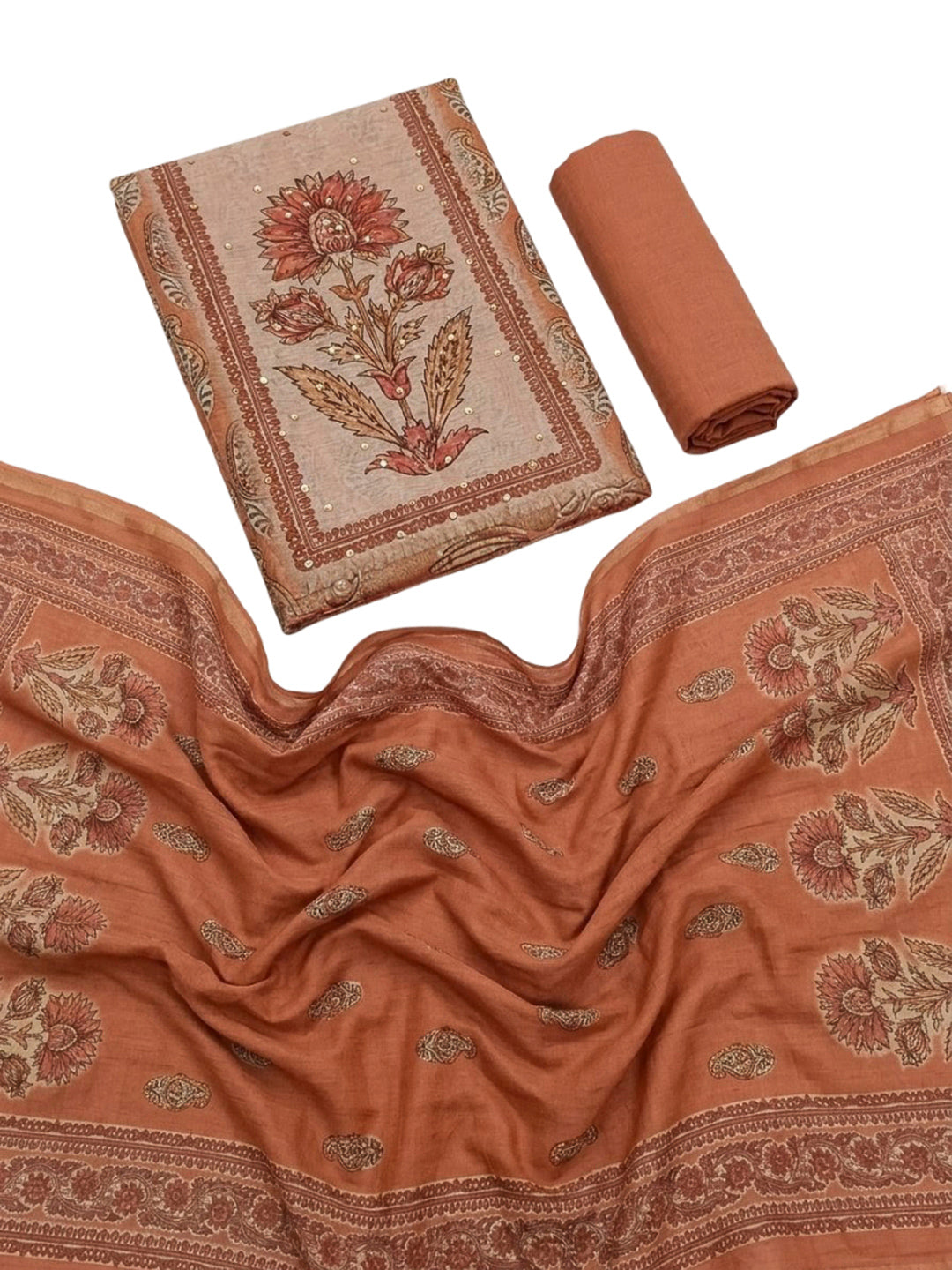 Peach Printed Chanderi Unstitched Dress Material