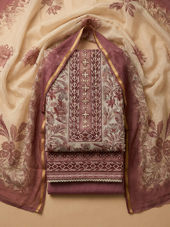 Onion Pink Yoke Embroidery Chanderi Unstitched Dress Material