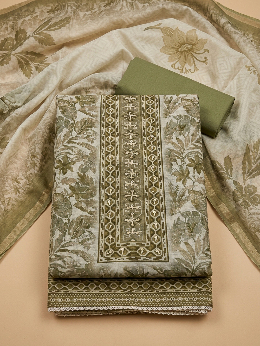 Pista Green Yoke Embroidery Chanderi Unstitched Dress Material
