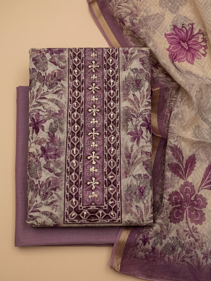 Purple Yoke Embroidery Chanderi Unstitched Dress Material