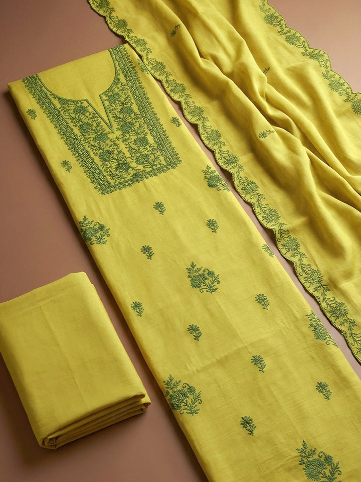 Lemon Embroidery Chanderi Unstitched Dress Material