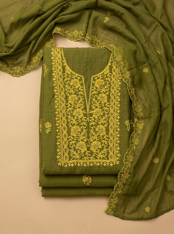 Mehndi Embroidery Chanderi Unstitched Dress Material