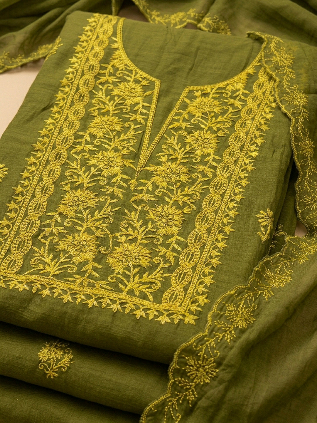 Mehndi Embroidery Chanderi Unstitched Dress Material