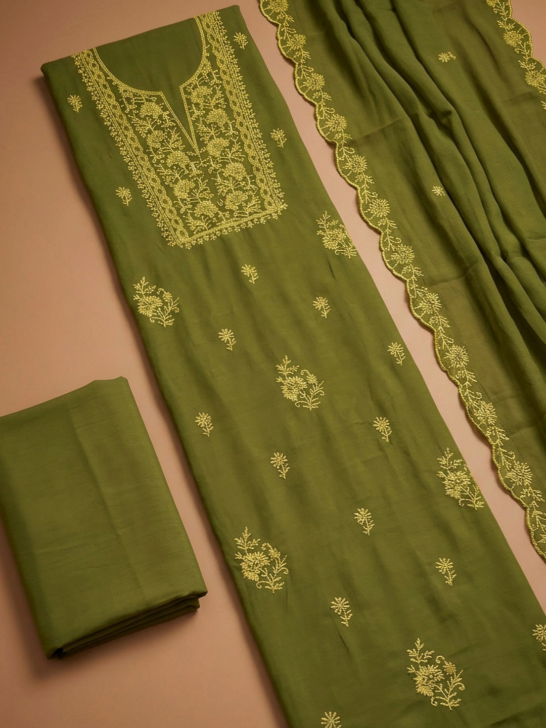 Mehndi Embroidery Chanderi Unstitched Dress Material