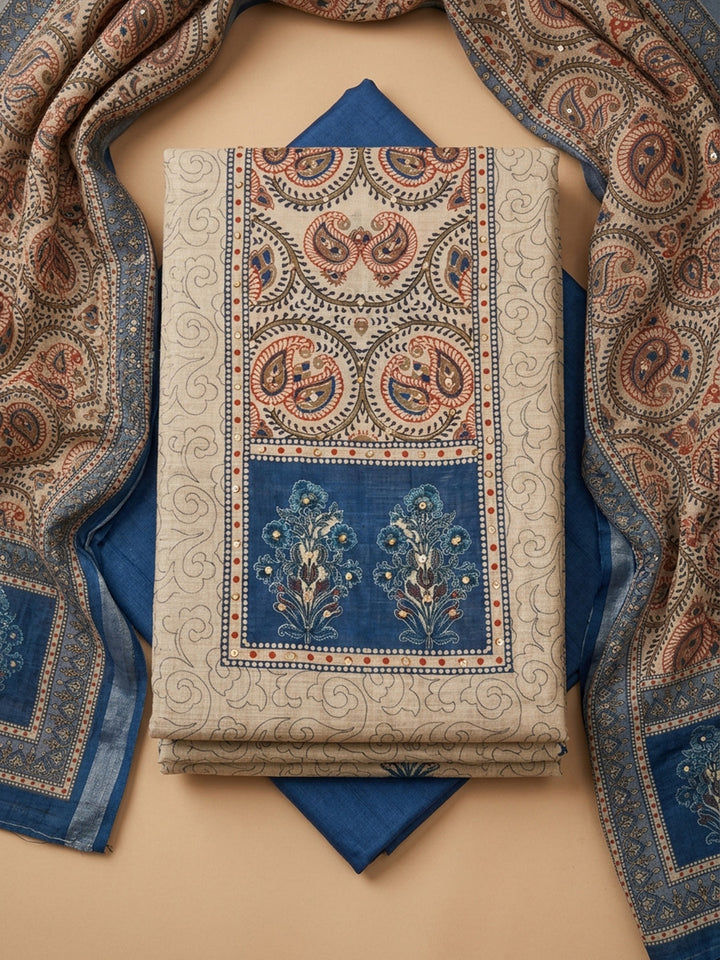 Blue Printed Chanderi Unstitched Dress Material