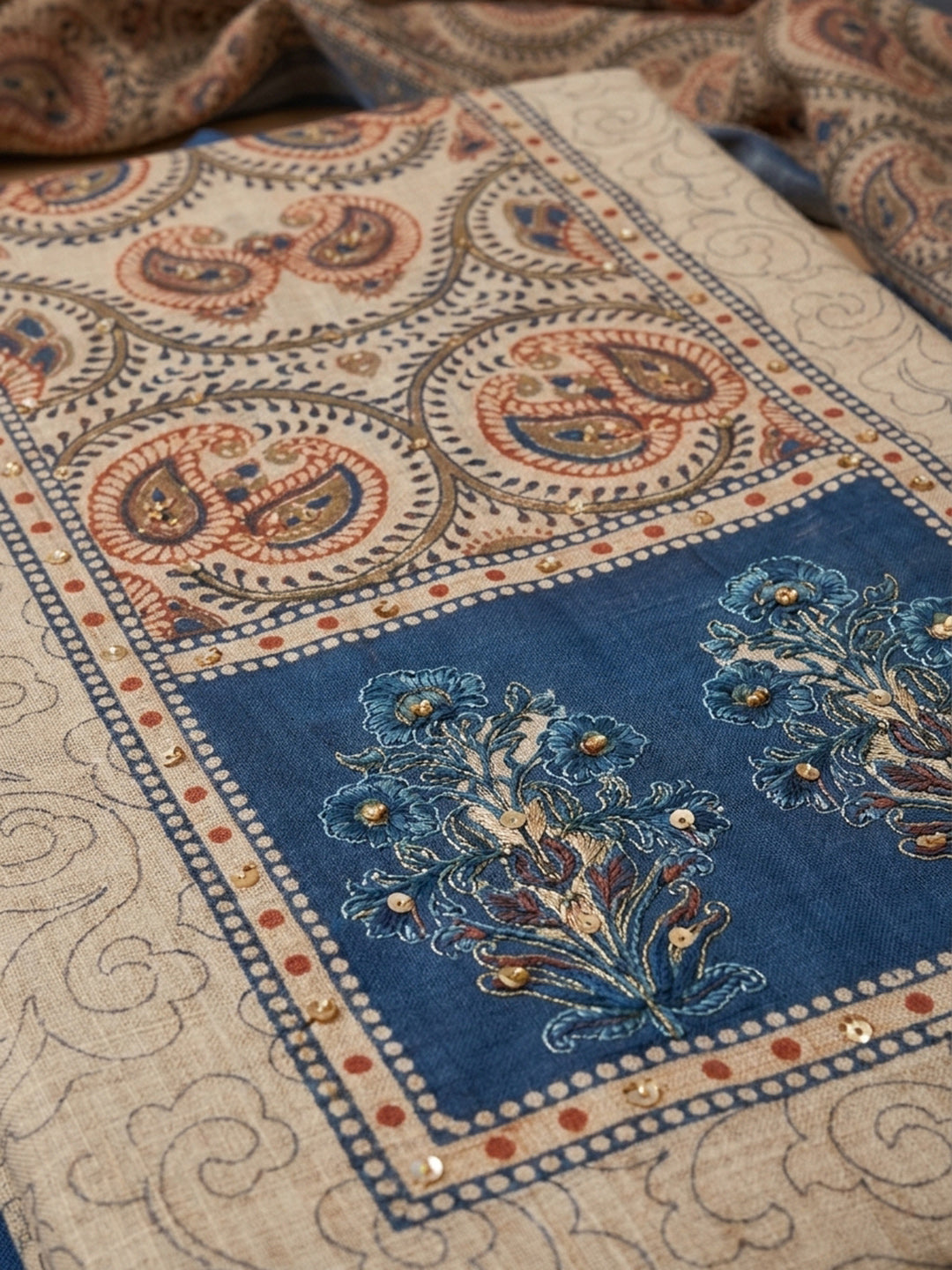 Blue Printed Chanderi Unstitched Dress Material