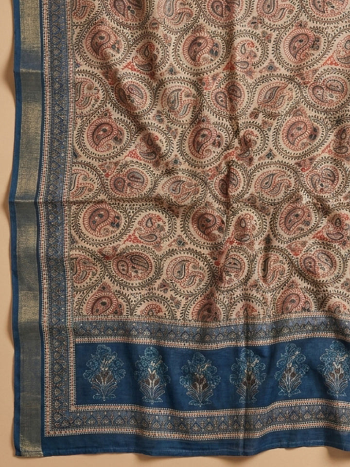 Blue Printed Chanderi Unstitched Dress Material