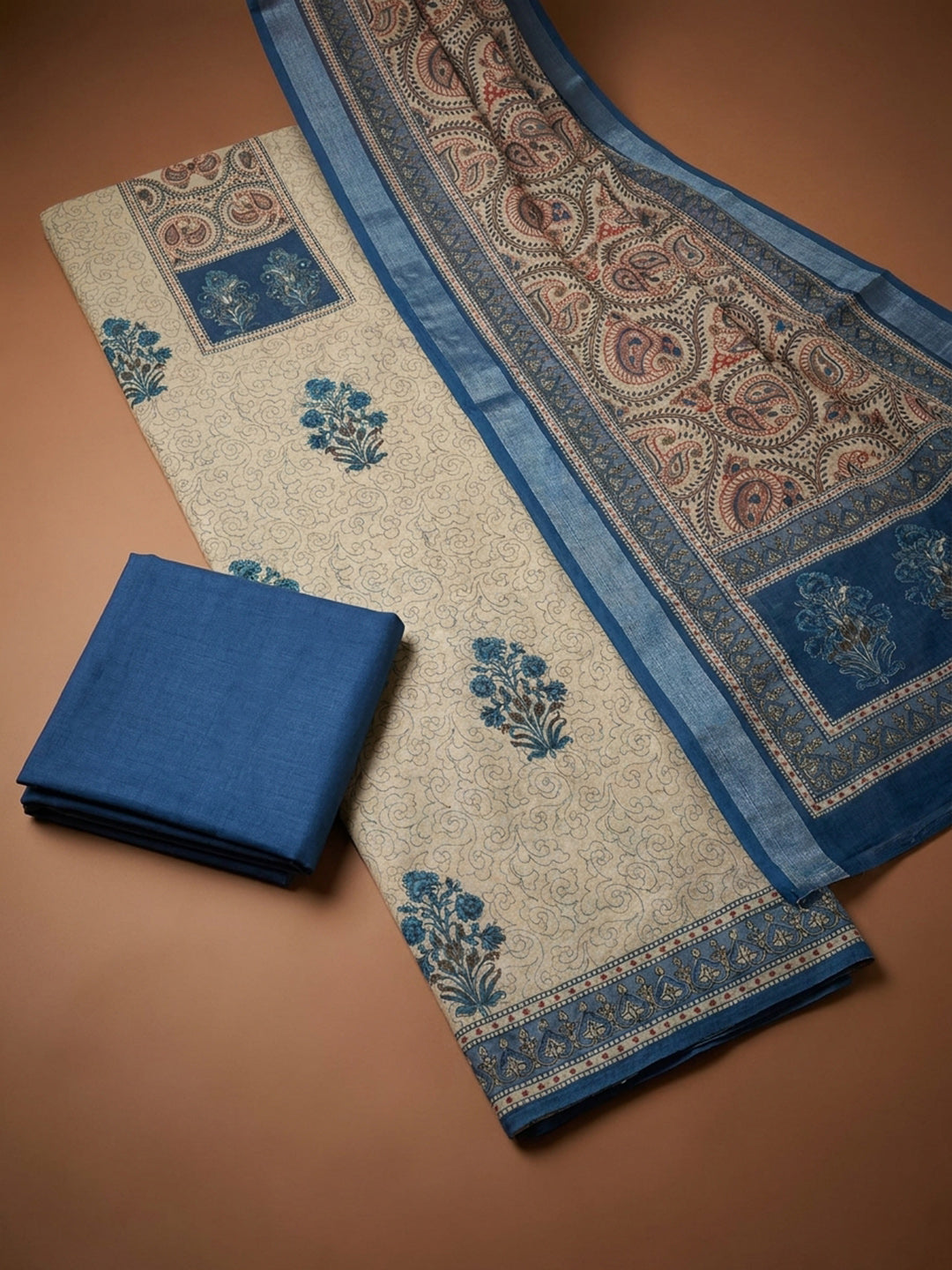 Blue Printed Chanderi Unstitched Dress Material