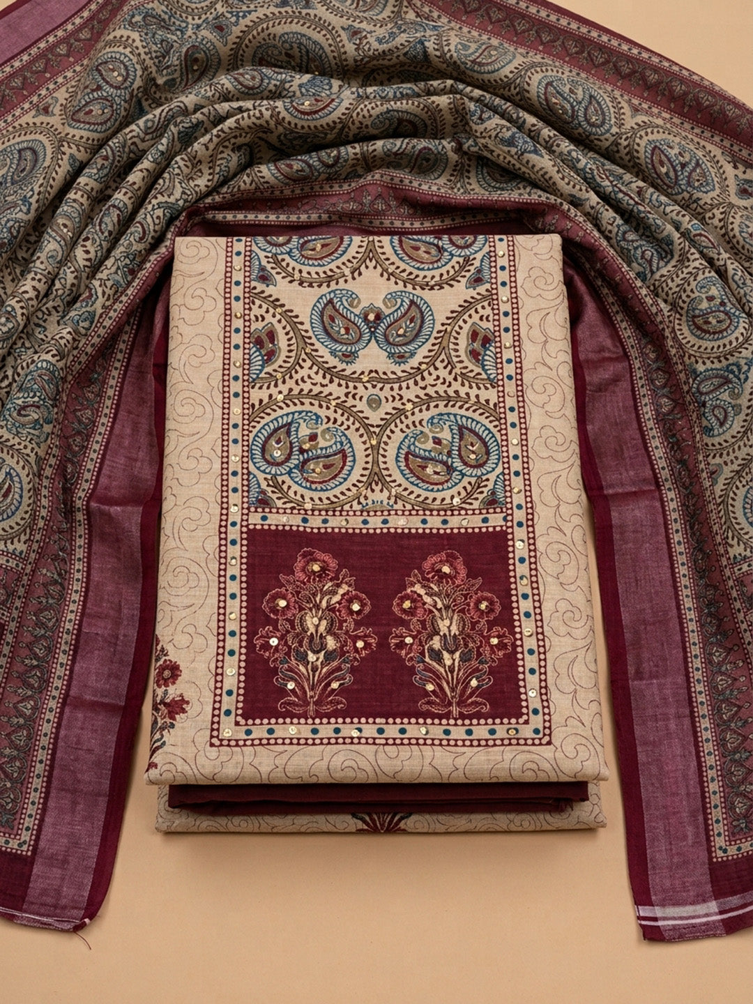 Onion Pink Printed Chanderi Unstitched Dress Material