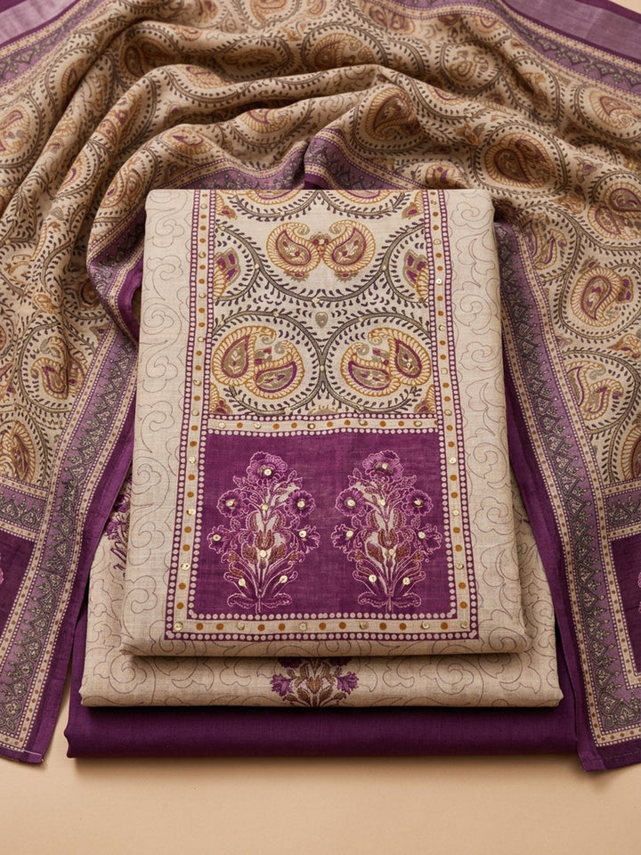 Purple Printed Chanderi Unstitched Dress Material