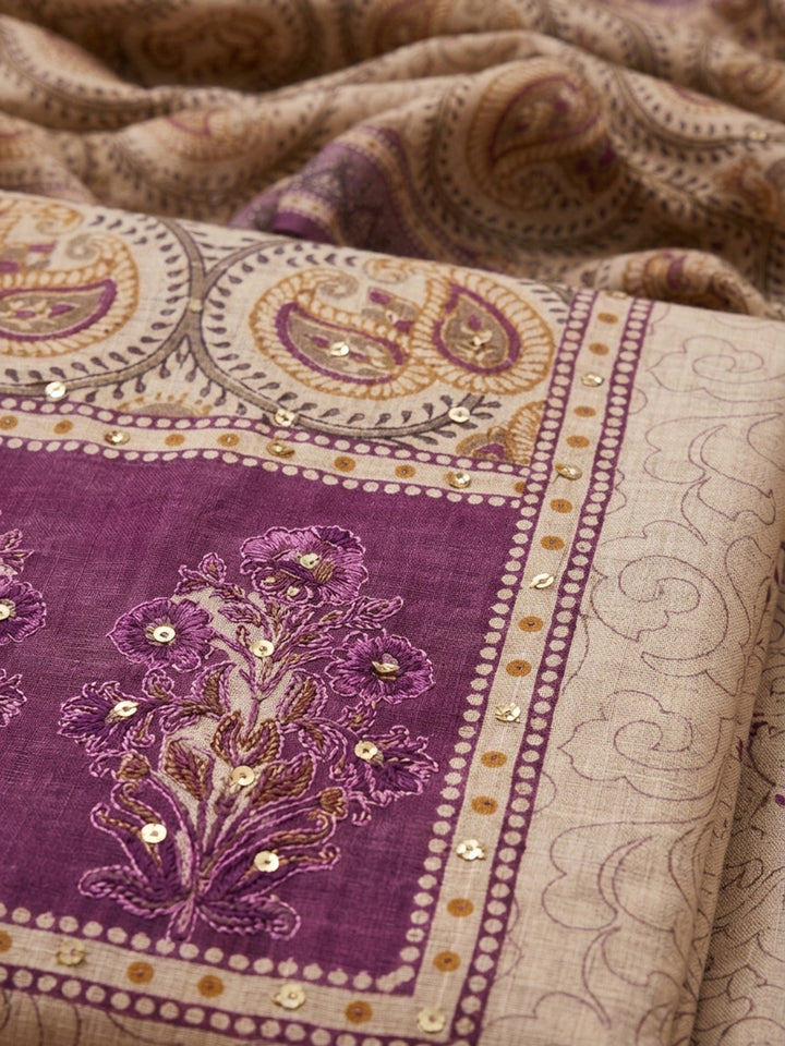 Purple Printed Chanderi Unstitched Dress Material