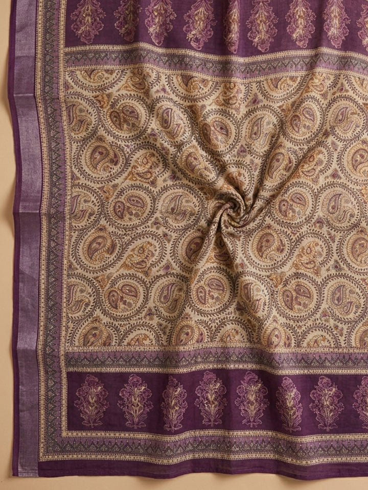 Purple Printed Chanderi Unstitched Dress Material