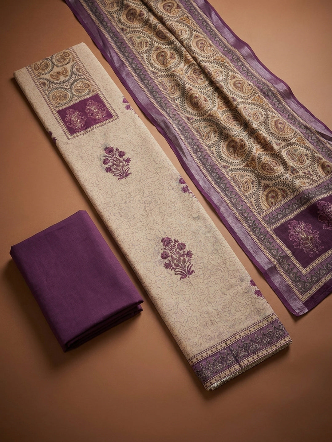 Purple Printed Chanderi Unstitched Dress Material