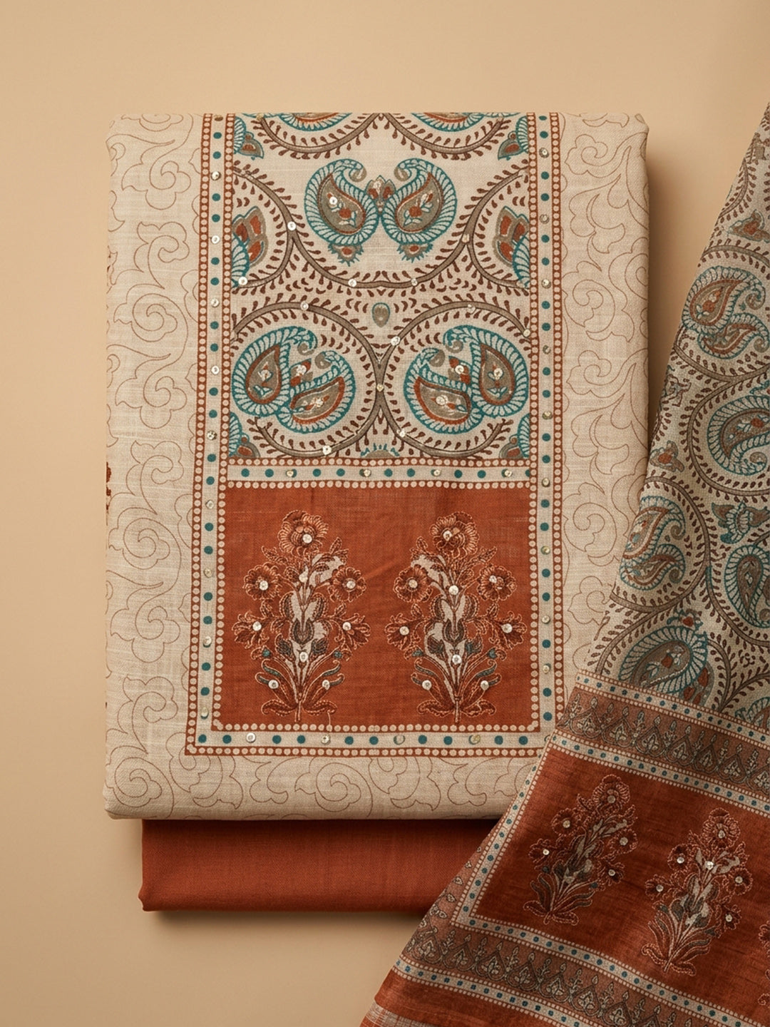 Rust Printed Chanderi Unstitched Dress Material