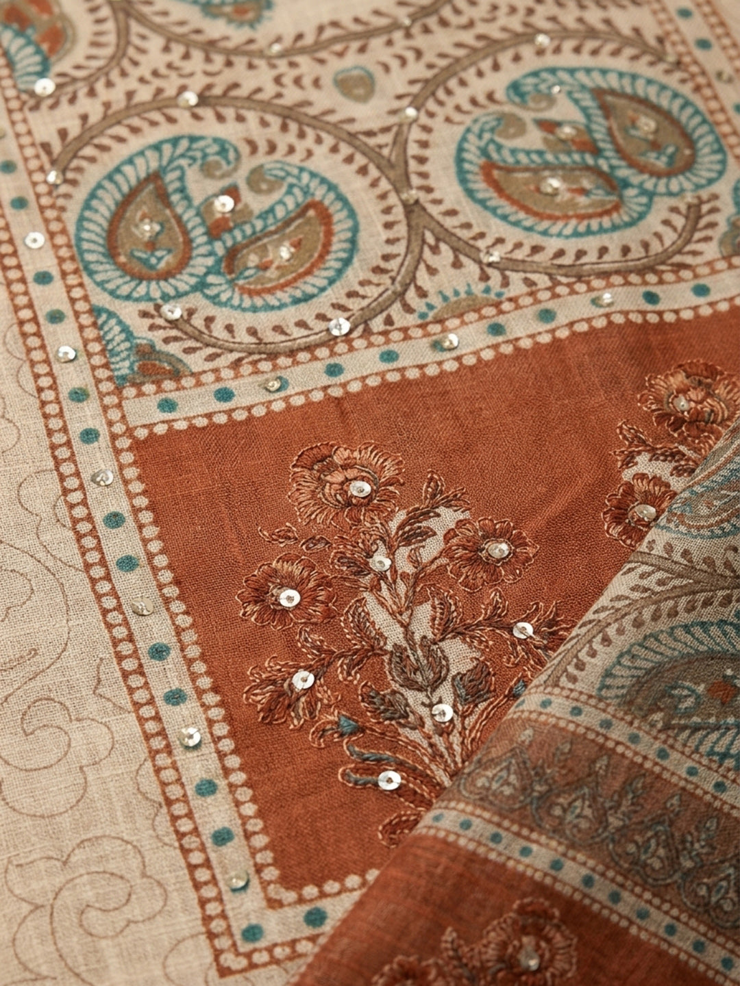 Rust Printed Chanderi Unstitched Dress Material