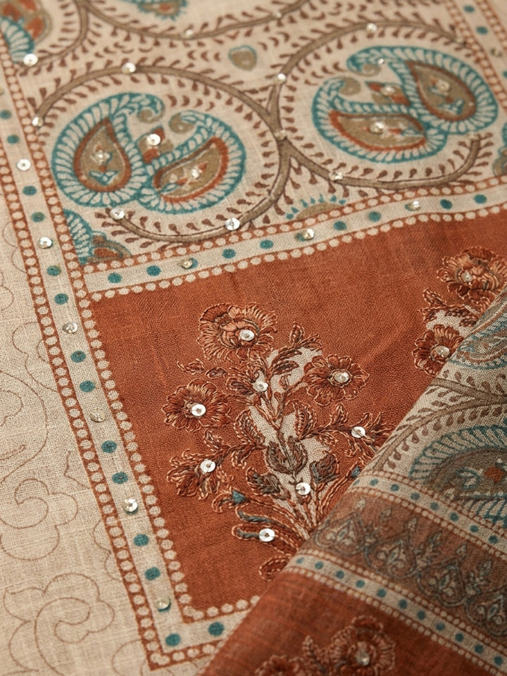Rust Printed Chanderi Unstitched Dress Material