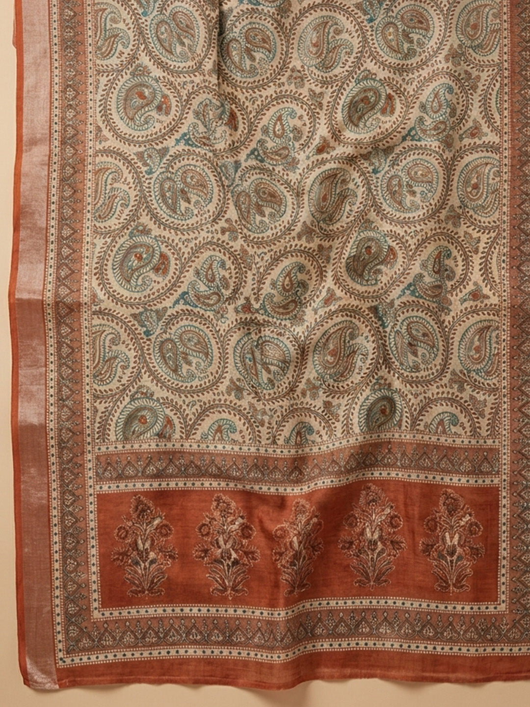 Rust Printed Chanderi Unstitched Dress Material