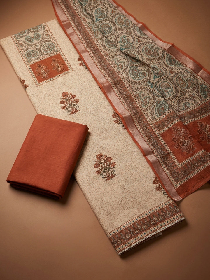 Rust Printed Chanderi Unstitched Dress Material