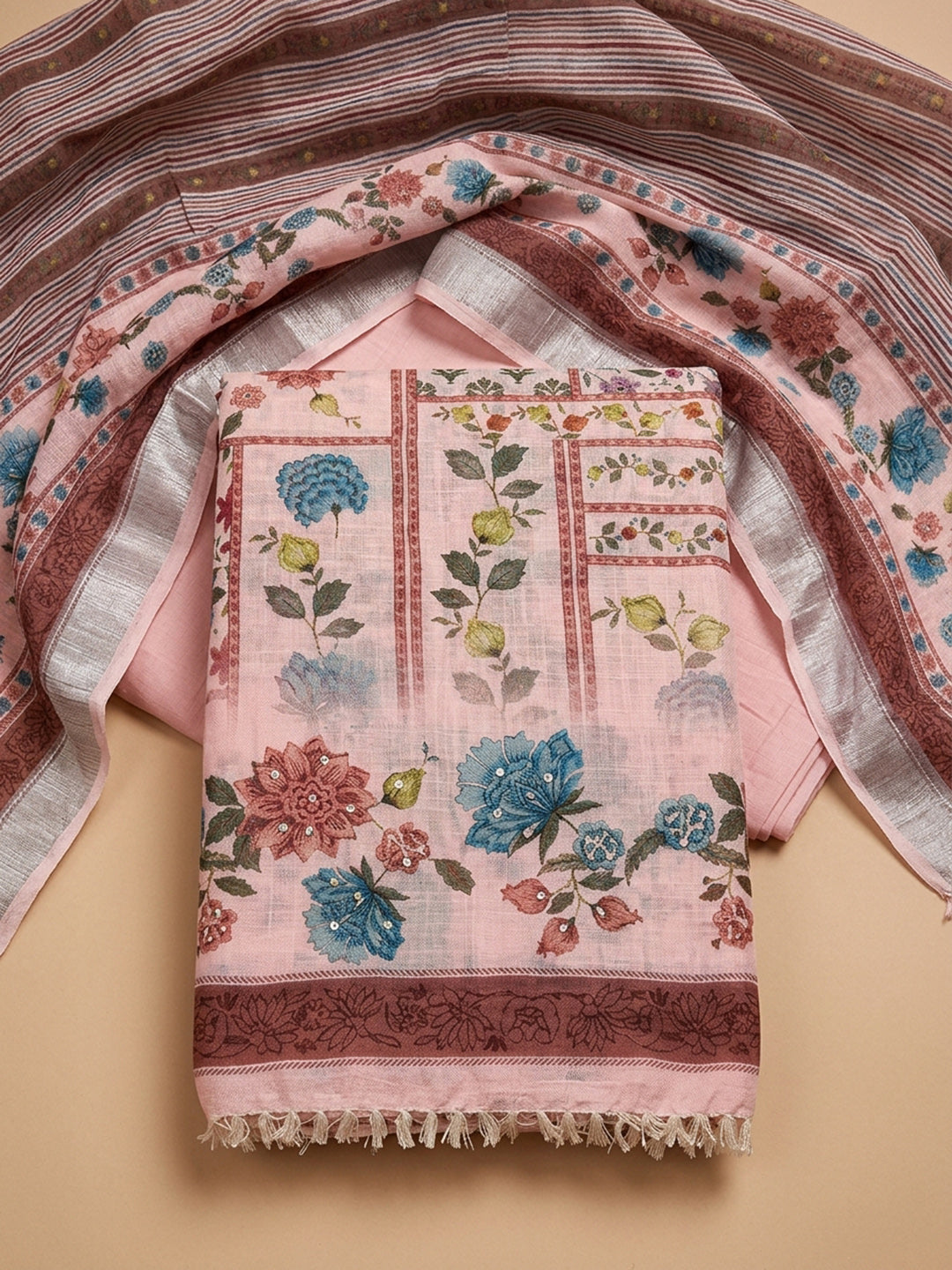 Peach Printed Linen Blend Unstitched Dress Material