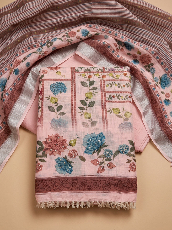 Peach Printed Linen Blend Unstitched Dress Material
