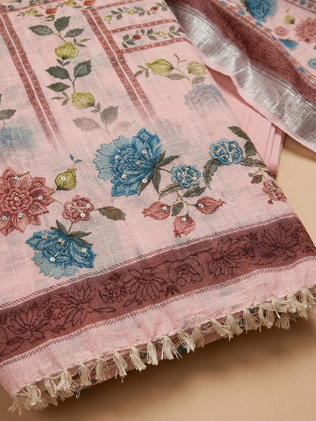 Peach Printed Linen Blend Unstitched Dress Material