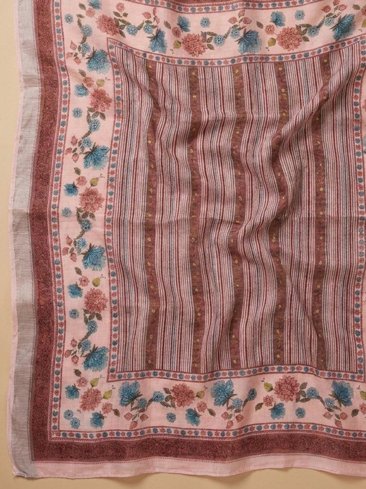 Peach Printed Linen Blend Unstitched Dress Material