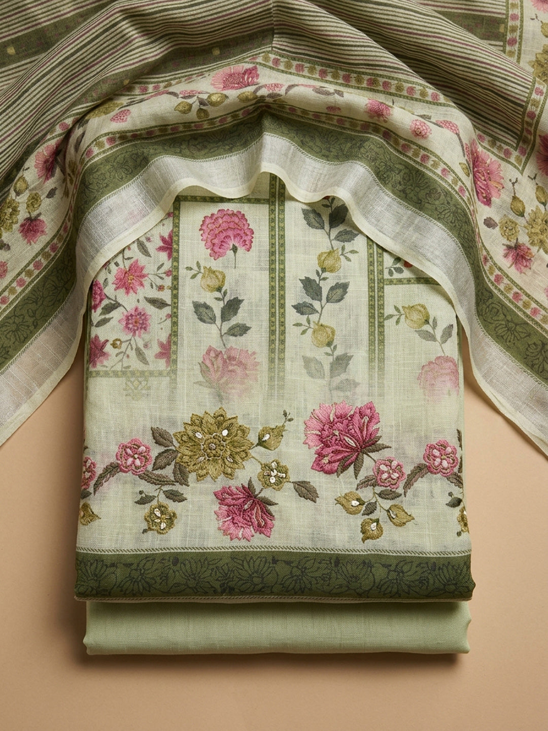 Pista Green Printed Linen Blend Unstitched Dress Material